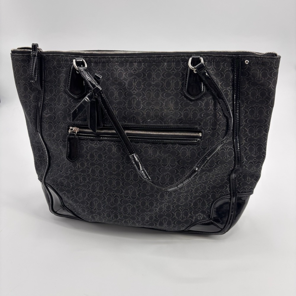 COACH POPPY TOTE SIGNATURE METALLIC BLACK CHARCOAL